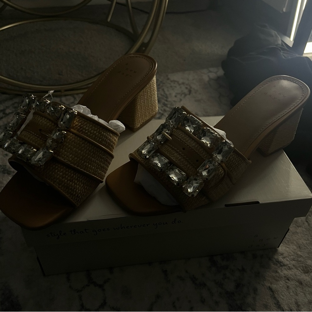 Tan Embellished Block-Heel Slide Mules